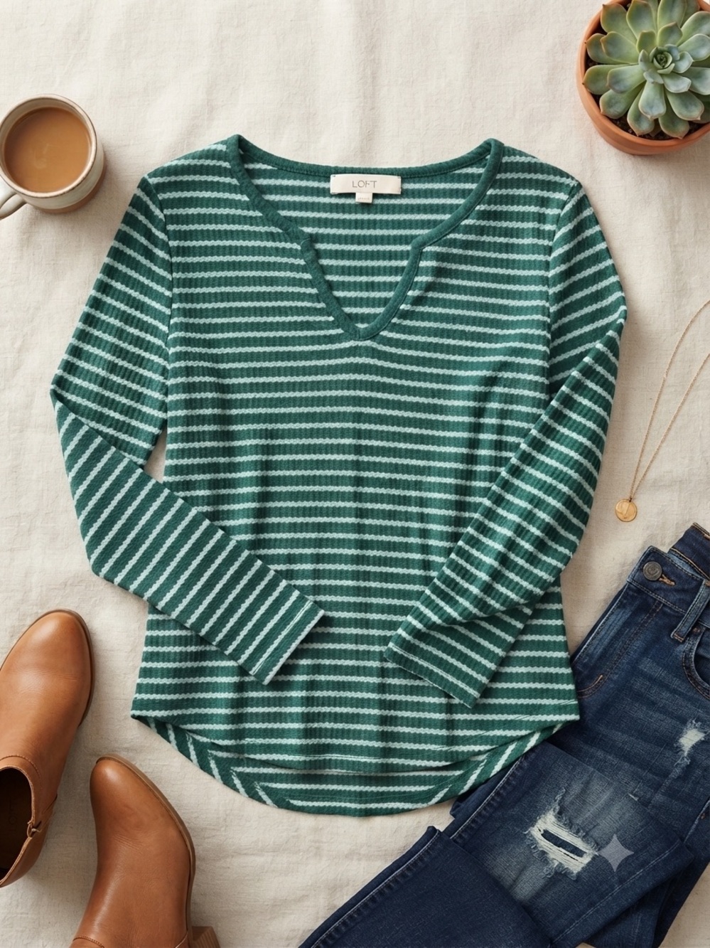 LOFT Teal and White Striped V-Neck Long Sleeve Top